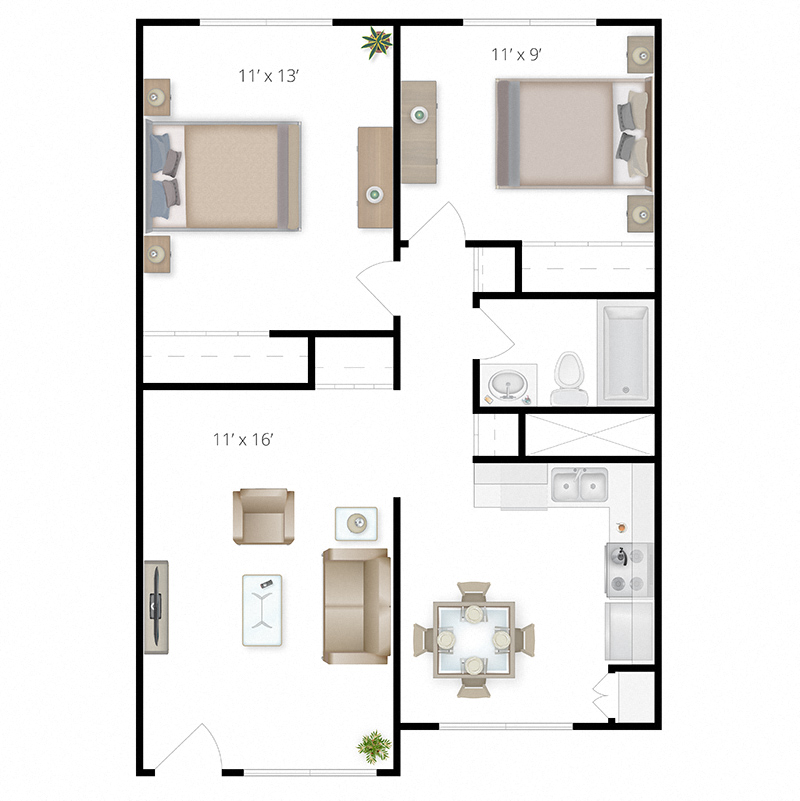 Floor plan for 2 beds, 1 bath, 850 sqft